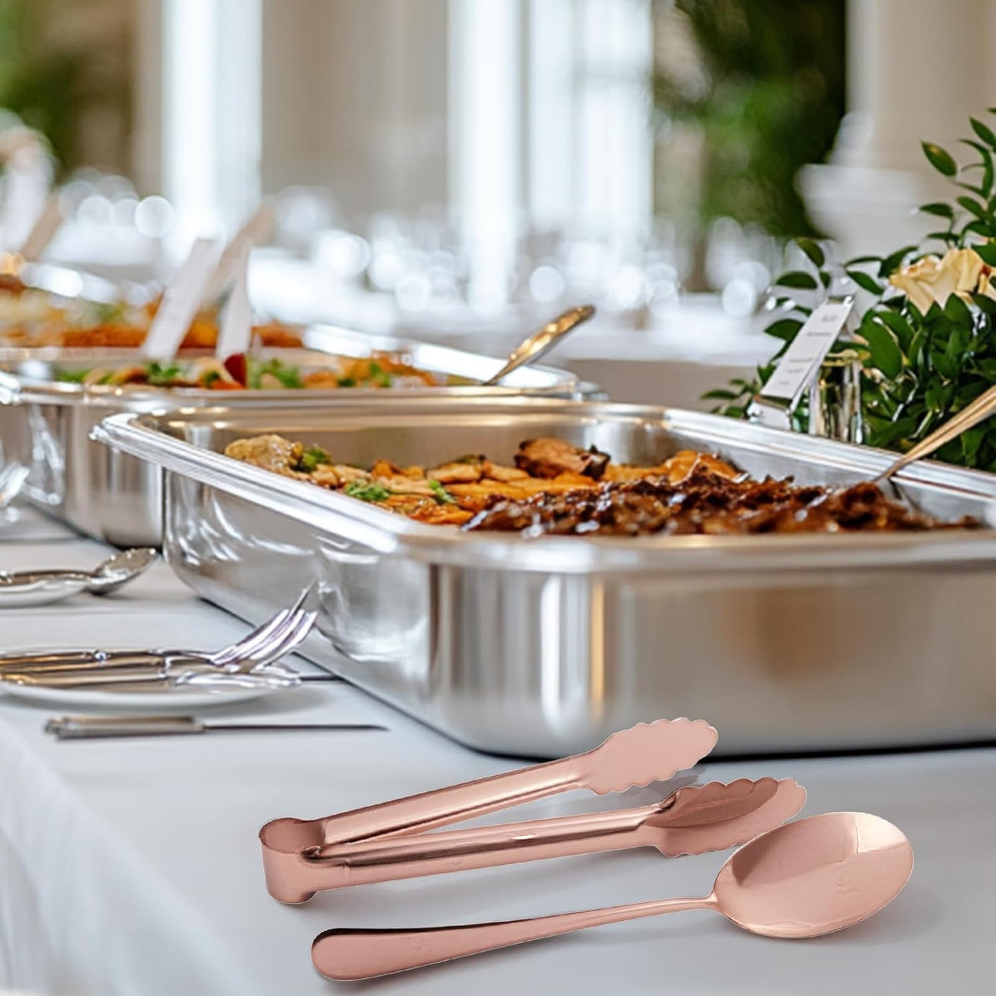 12PCS Stainless Steel Serving Utensils Sets with 8 Large Serving Spoons,4 Serving Tongs,Rose Gold Serving Utensills Sets for Buffet Catering Banquet Party (Rose Gold)