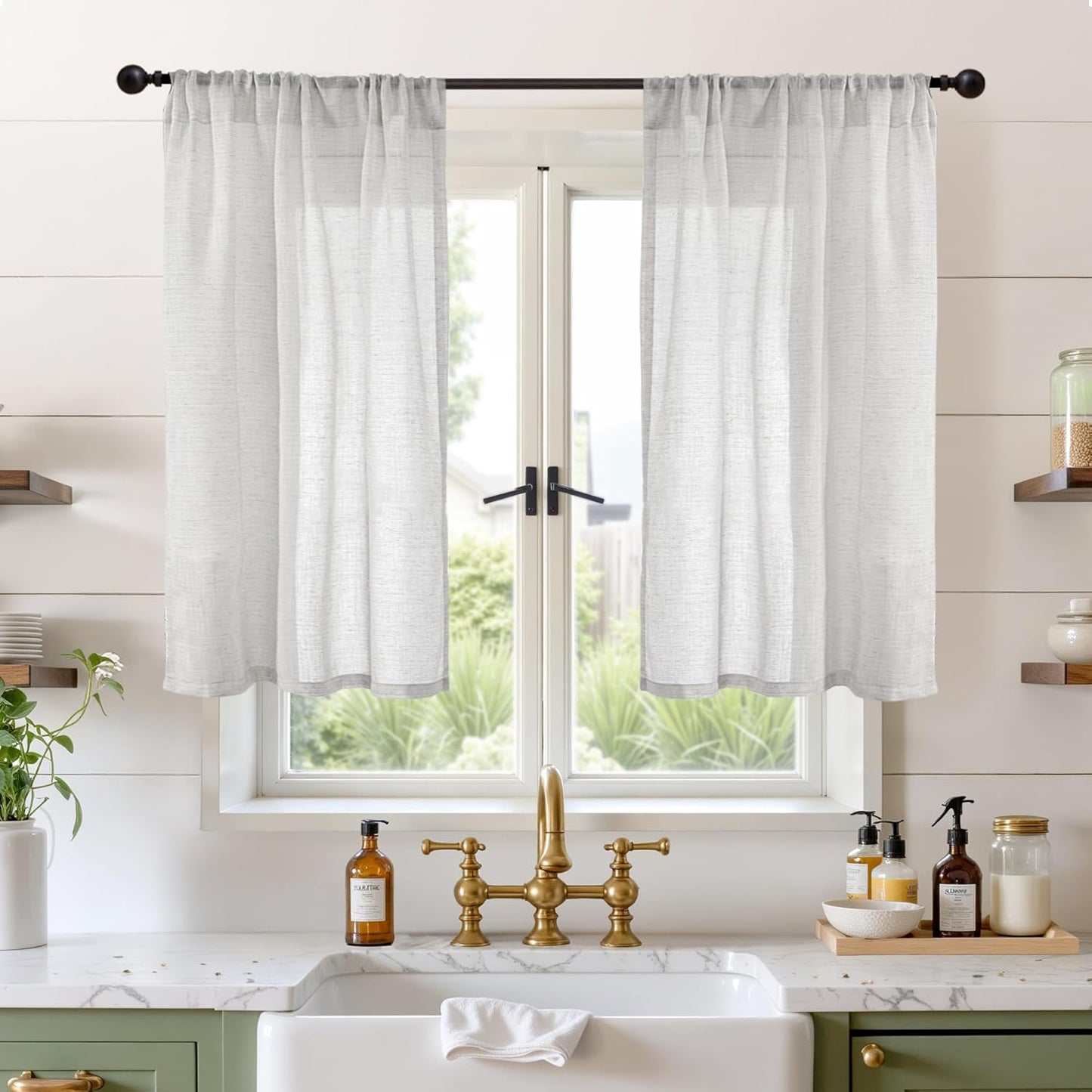 BGment Small Linen Curtains 40 Inch Length for Short Window - Light Grey Semi Sheer Drapes with Rod Pocket Light Filtering for Cafe Kitchen Bedroom Lightweight, 2 Panels Set, 30 X 40 Inch