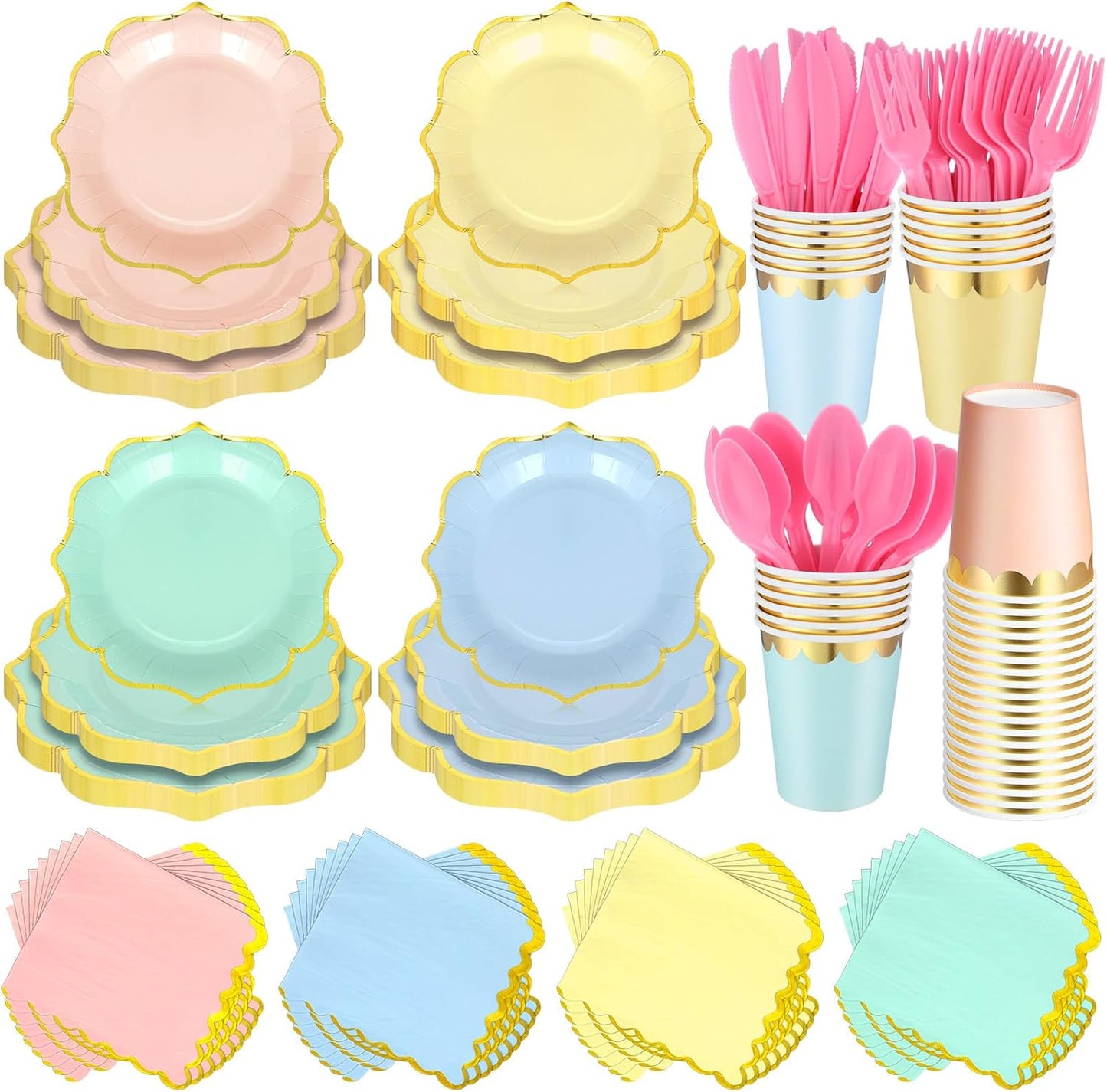 Yaomiao 168 Pcs Pastel Scalloped Paper Plates Cups Napkin with Gold Foil Macaron Colored Disposable Dinnerware Set Serve 24 Guests Princess Birthday Party Baby Shower Decorations(Multicolor,Irregular)