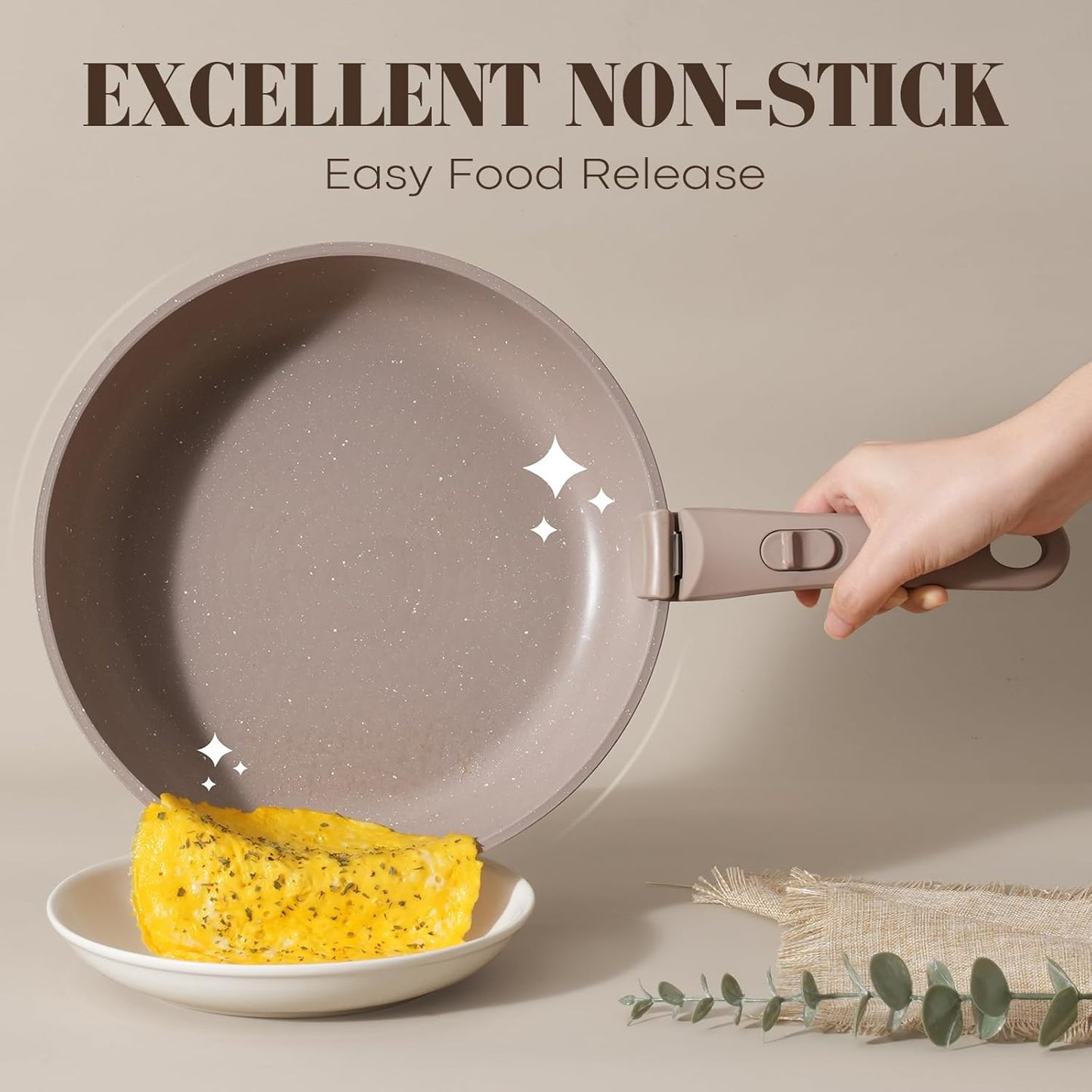 15Pcs Pots and Pans Set Non Stick, Cookware Sets with Detachable Handle, Nonstick RV Kitchen Cooking Tools Removable Handles, Oven Safe, Induction Fast, Stackable Induction Cookware, Brown