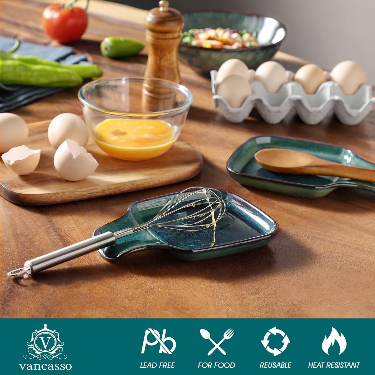 vancasso Stern Spoon Rest for Kitchen, Square Ceramic Spoon Holder for Stove Top, Heat Resistant Utensil Rest for Countertop, Dishwasher Safe, Kiln Green, 2 Pack