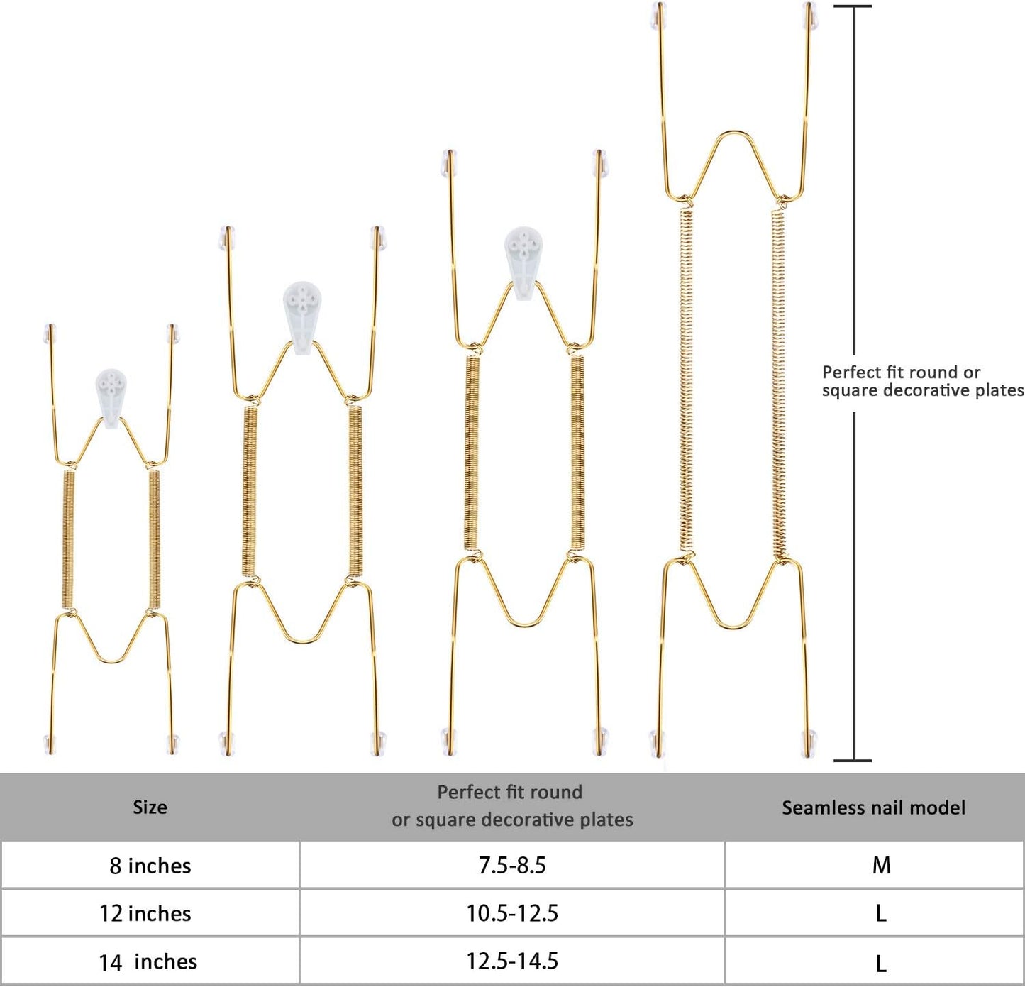 Hotop 12 Pieces Plate Hangers for Wall 8/12/14 Inch Stainless Steel Wire Invisible Plate Hangers Heavy Duty Display Holders with 12 Pieces Hooks for Wall Decorative(Gold)
