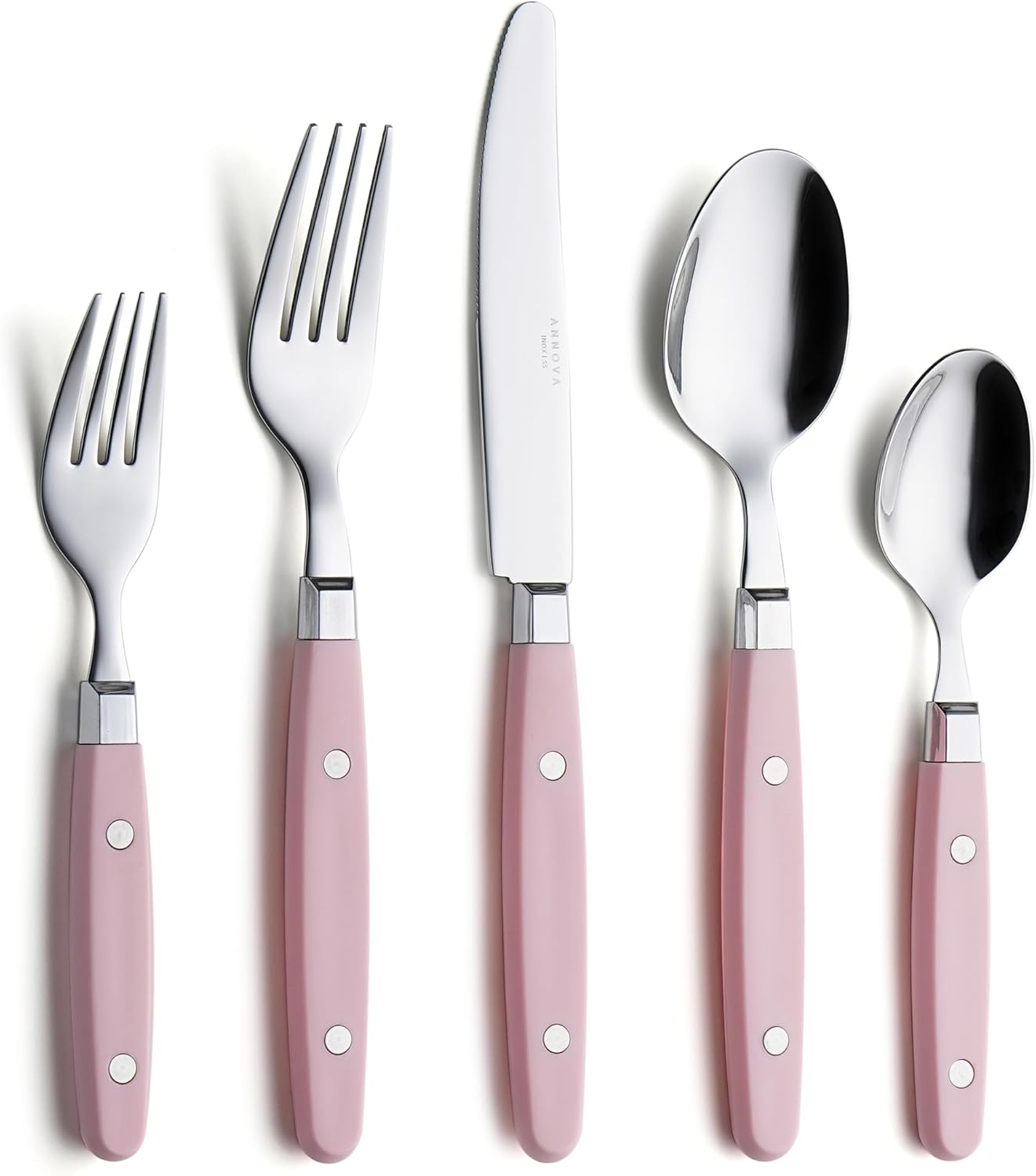 ANNOVA Silverware Set, Retro/Rivet Colorful Stainless Steel Tableware Kitchen Flatware Set Utensils, Includes Dinner Knives, Forks, Spoons, Salad Forks & Dessert Spoons (Light Pink, 20 Pieces)