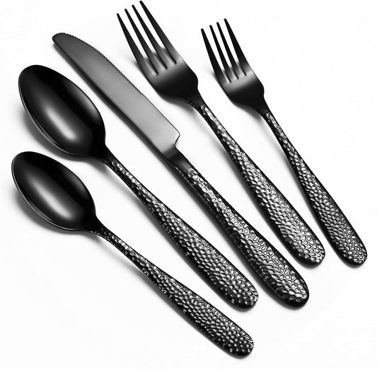 Black Hammered Silverware Set, 20-Piece Heavy Duty Stainless Steel Flatware Sets for 4, Food-Grade Cutlery Set for Home Restaurant, Mirror Polished, Dishwasher Safe