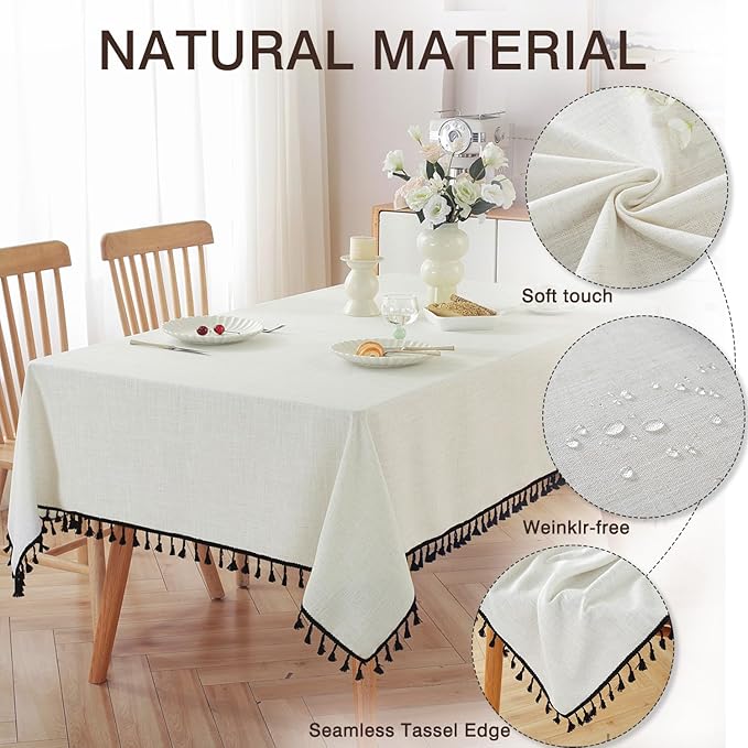 JIALE Textured Tablecloth, Heavy Duty Linen Style Table Cloth Rectangle Tables, Wrinkle-Free Washable Table Cover with Black Tassels for Kitchen, Dining, Parties, 55"x90", White