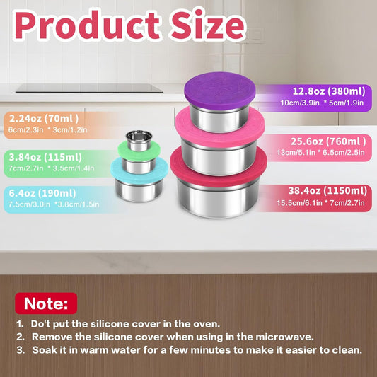 6 Pack Reusable Stainless Steel Snack Containers with Lids Set, Round Nesting Salad Dressing Container To Go, Metal Food Storage Containers for Lunch Box Meal Prep Bowls (Size 38, 24, 12, 6, 4, 2oz)