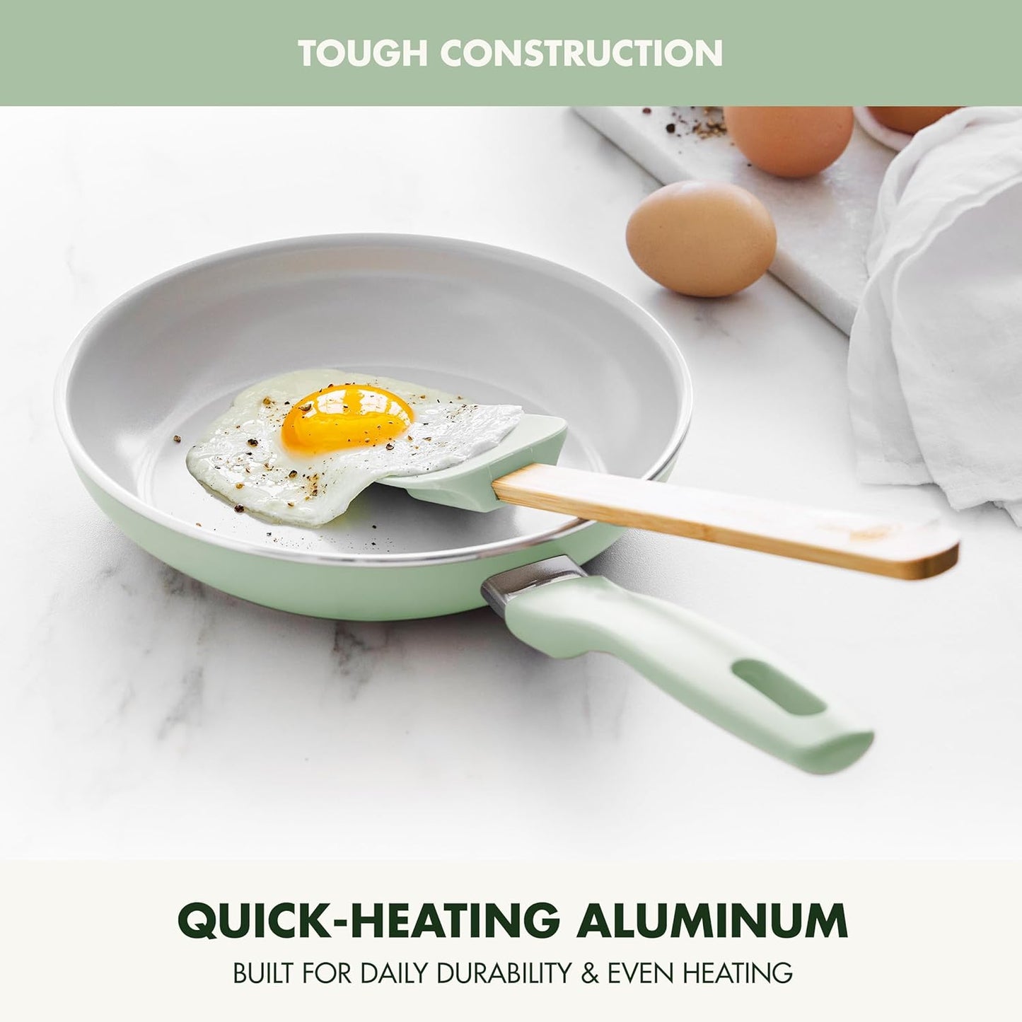 GreenPan Dover 8” Frying Pan Skillet with Spatula, Non-Toxic PFAS-Free Ceramic Nonstick Coating, Sear Saute Fry Egg Omlete, Dishwasher & Oven Safe, Stay Cool Handle, Easy Pour Rims, Pastel Green