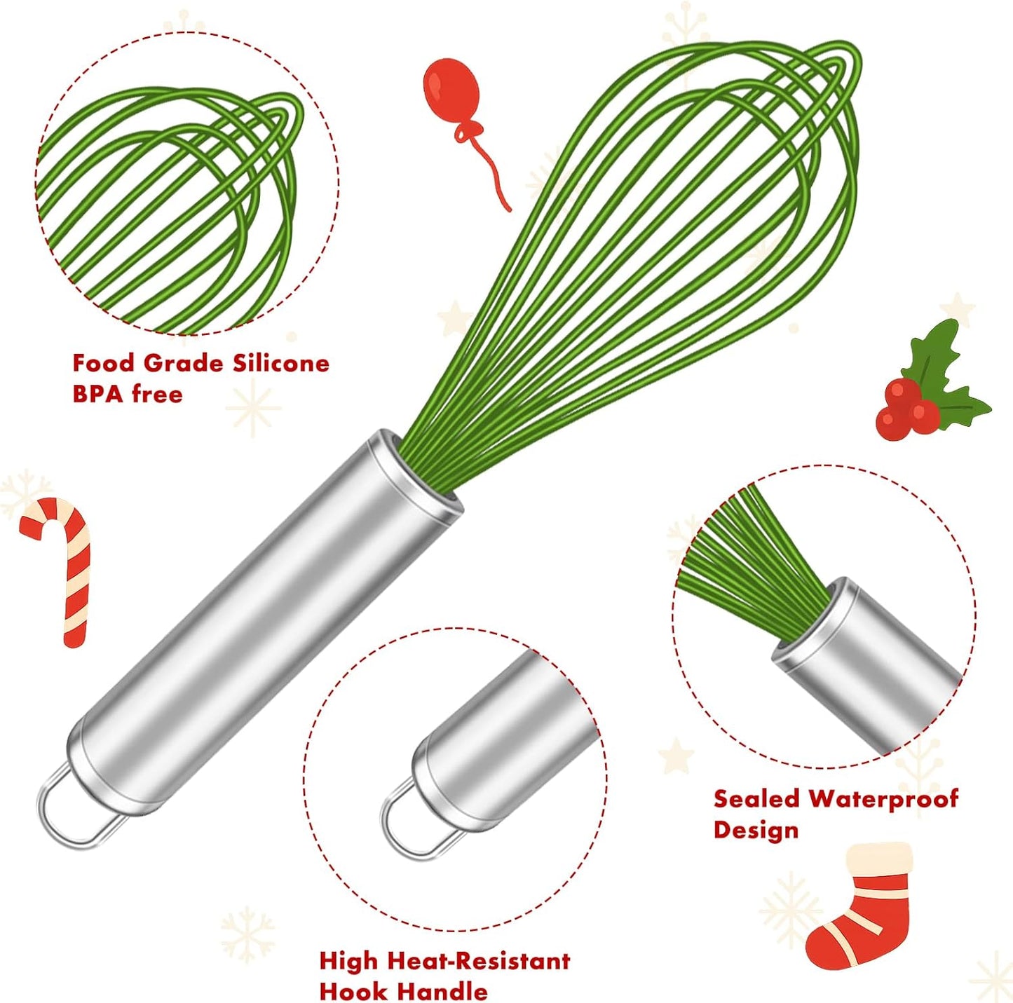 Christmas Whisk Set – 3 Sizes (12”, 10”, 8”) – Holiday Red, Green & White Stainless Steel Whisks for Baking, Cooking & Mixing, Christmas Gift for Bakers & Home Chefs