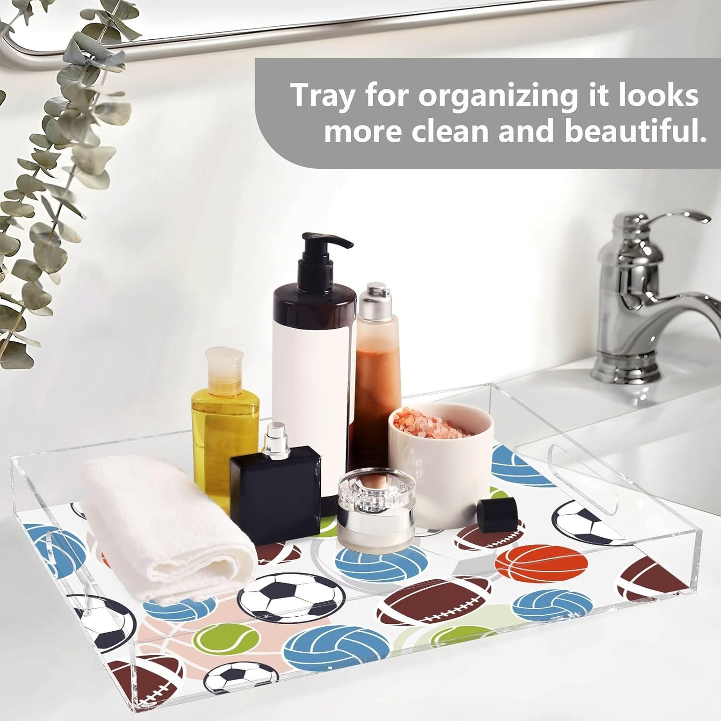 Acrylic Serving Tray with Handles Spill Proof Kitchen Storage Tray Clear Decorative Tray Makeup Drawer Organizer Storage Tray for Bathroom Living Room Ottoman 15.7x11.8Inches