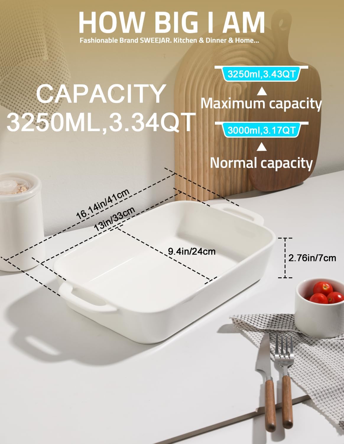Sweejar Ceramic Bakeware Set, 9x13 Rectangular Baking Dish for Cooking, Kitchen, Cake Dinner, Banquet and Daily Use, Casserole Dishes for Oven Porcelain Baking Pans(White)