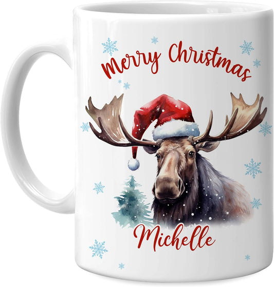 Hyturtle Personalized Gifts Moose Lover - Moose Wearing Santa Hat Custom Name Ceramic Coffee Mug Cup 11oz - Cute Animal Lovers Gifts For Women, Girl kids Family On Birthday, Christmas