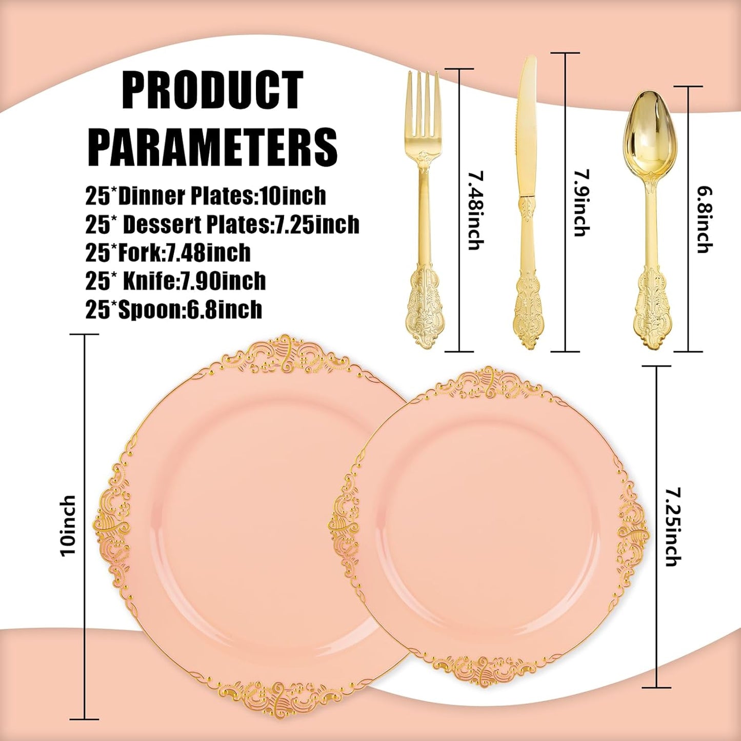 125PCS Peachy Pink Plastic Plates - Elegant Pink and Gold Dinnerware Set - Heavy Duty Disposable Plates with Gold Silverware Sets for 25 Guests for Wedding & Party & Bridal Shower