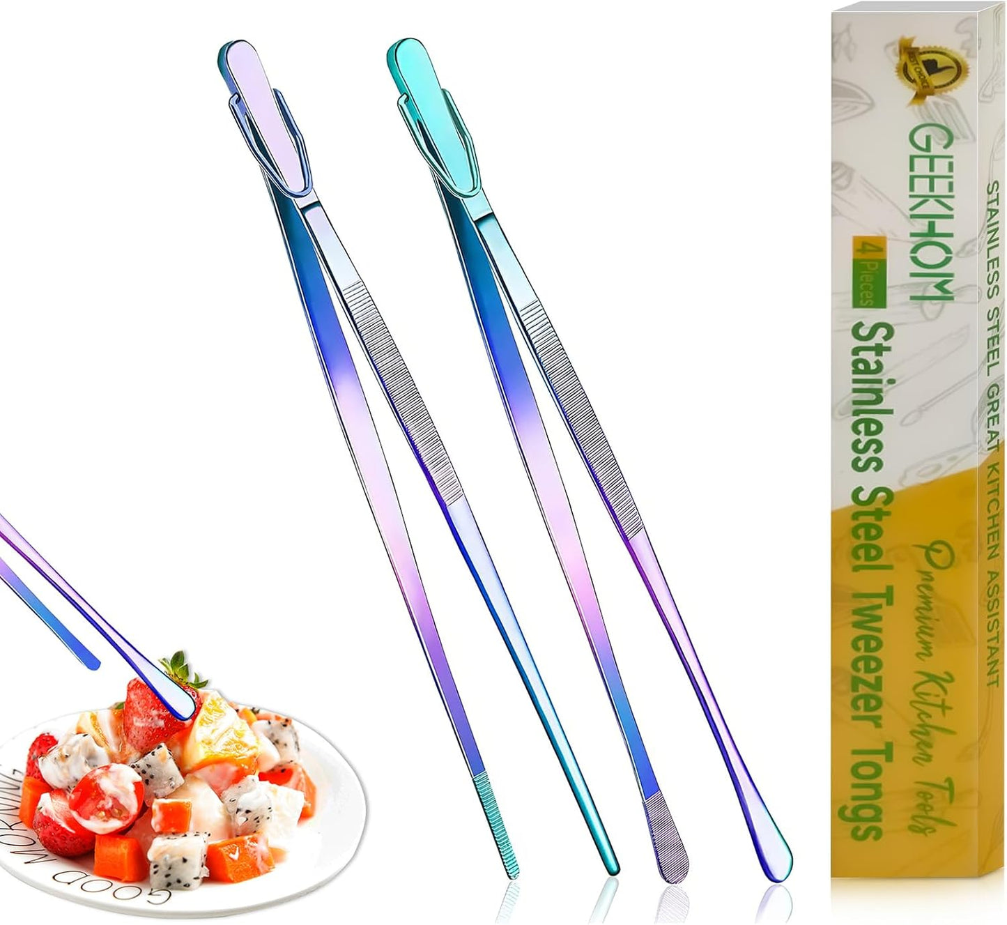GEEKHOM 2 Pcs 12" Colorful Cooking Tweezer Tongs, Non-Slip Grip Stainless Steel Tweezers for BBQ, Kitchen, Serving, Salad & Pasta