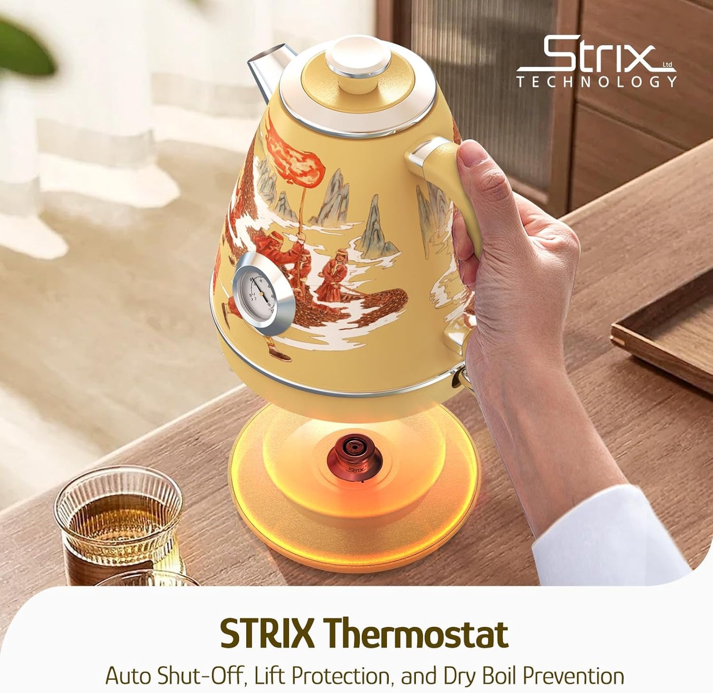 Hazel Quinn Retro Electric Kettle - 1.7 Liters / 57.5 Ounces Tea Kettle with Thermometer, All Stainless Steel, 1200 Watts Fast Boiling, BPA-free, Cordless, Automatic Shut Off - Dragon Dance