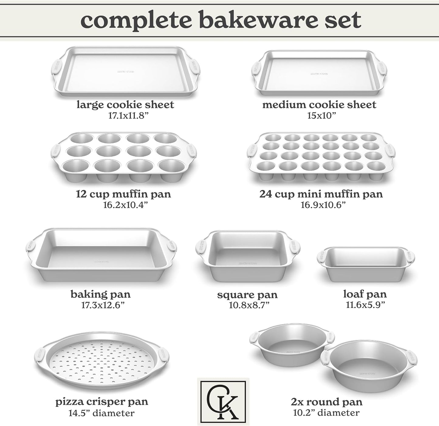Country Kitchen Nonstick Stackable Bakeware Set - Heavy Duty, Durable, Easy Release Baking Set, Silver, 10 Pcs