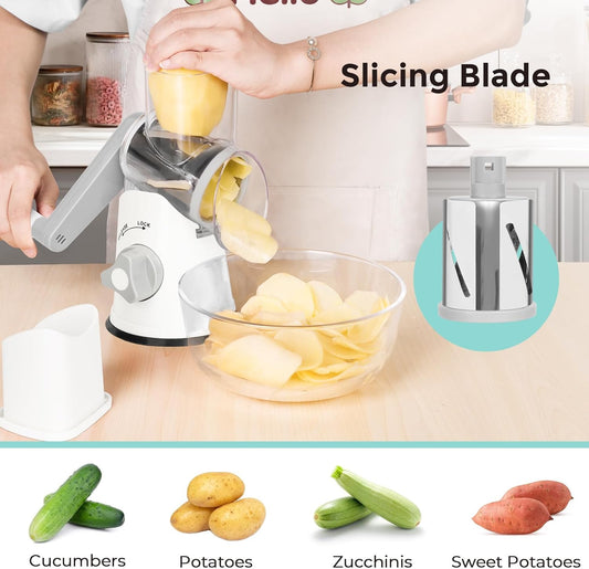 X Home Rotary Cheese Grater for Kitchen, Shredder with 3 Interchangeable Blades, Rotary Grater with Handle and Strong Suction Base, for Vegetables, Fruit, Nuts, Easy to Use and Clean, White