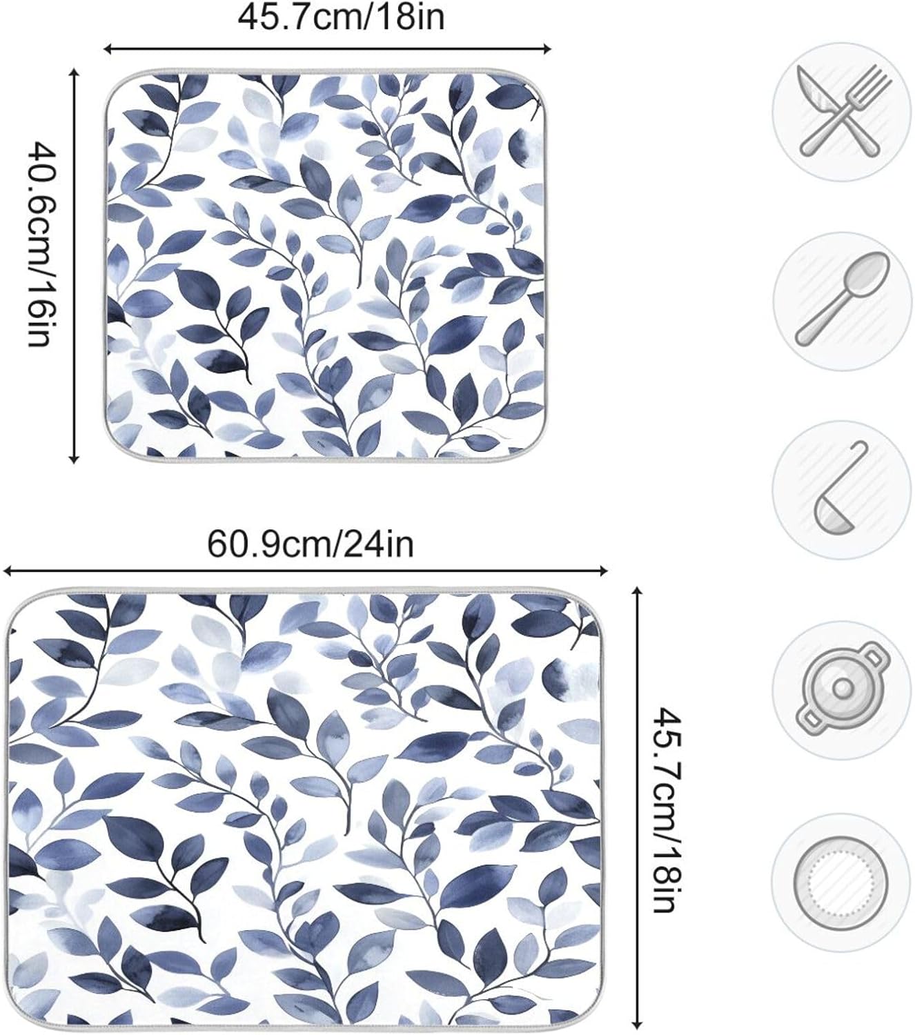 Light Gray Leaves Dish Drying Mat for Kitchen Counter Super Absorbent Dishes Pad Reversible Microfiber Protector Dish Draining Mats 18x24 inch