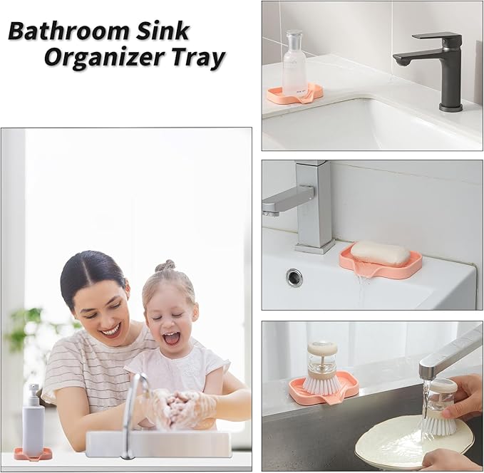 Silicone Bathroom Soap Dishes with Drain Spout-Bathroom and Kitchen Sink Organizer,Sponge Holder,Dish Soap Tray,Perfect for Dispenser,Scrubber,Bottle,Cup on Sink or Counter-Pink 4.9"×3.2"