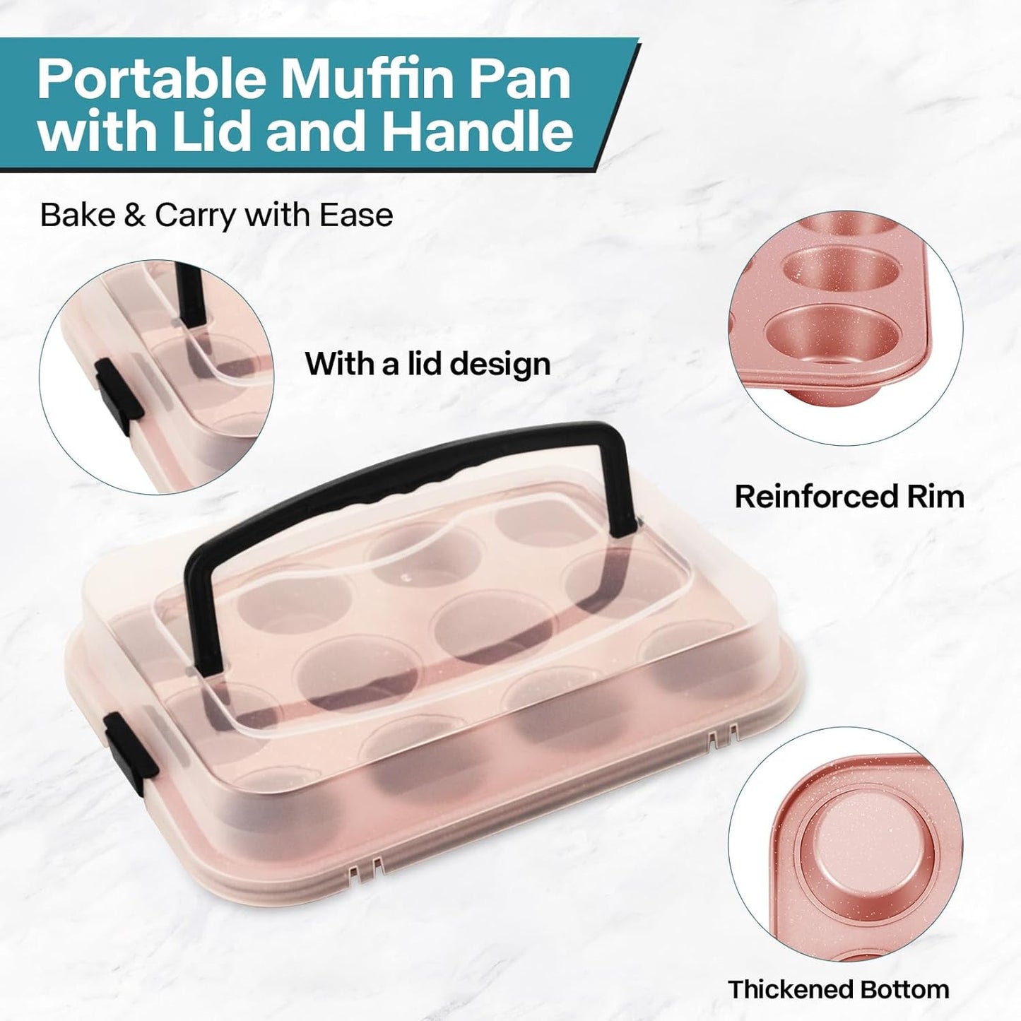2-Pack Pink Cupcake Pan with Lid, 12-Cup Nonstick Cupcake Baking Pan with Handle for Easy Baking and Travel – Perfect Cupcake Pan for Parties, Birthdays, and Gifting