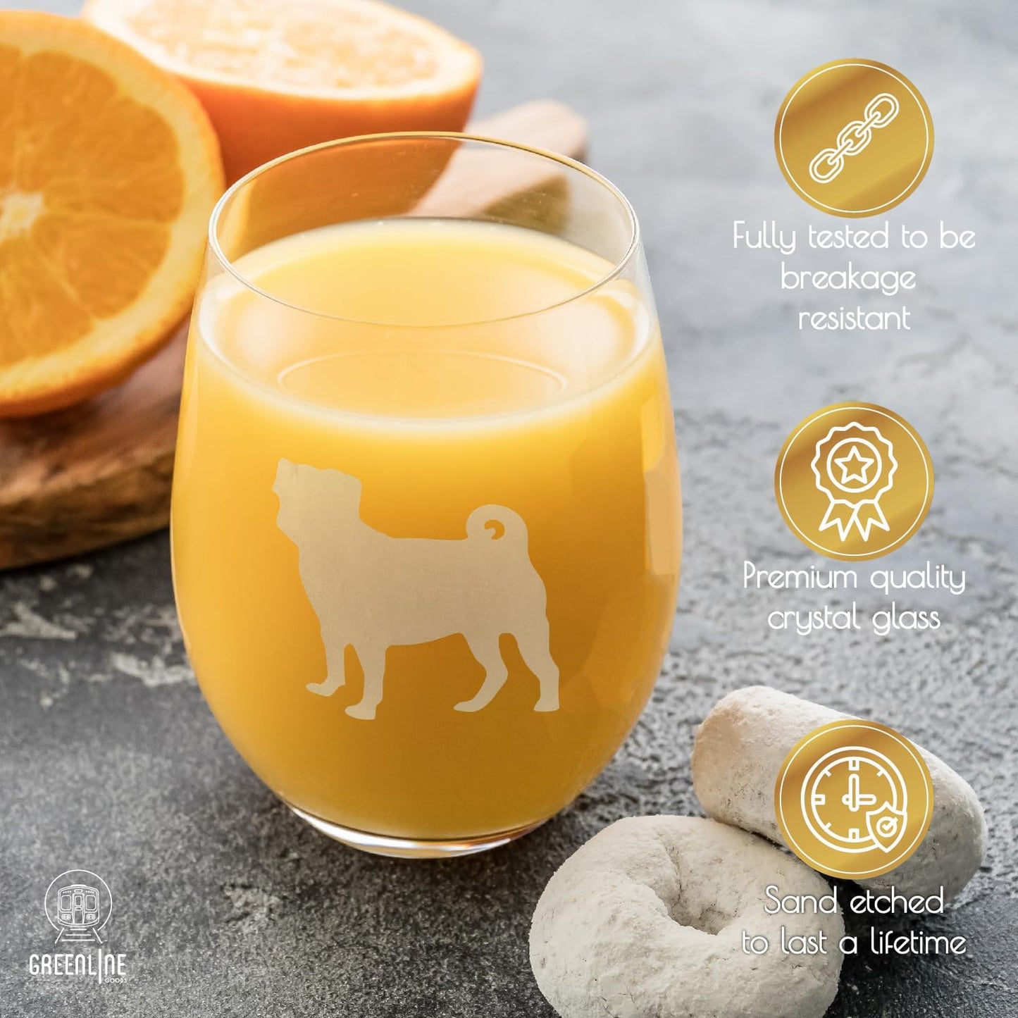 Greenline Goods Pug Stemless Wine Glasses (Set of 2) - Unique Gift for Dog Lovers - Hand Etched with Breed Name on Bottom