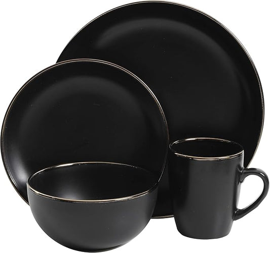 Gibson Home Rockaway Round Stoneware Dinnerware Set, Service for 4 (16pcs), Black/Gold Rim