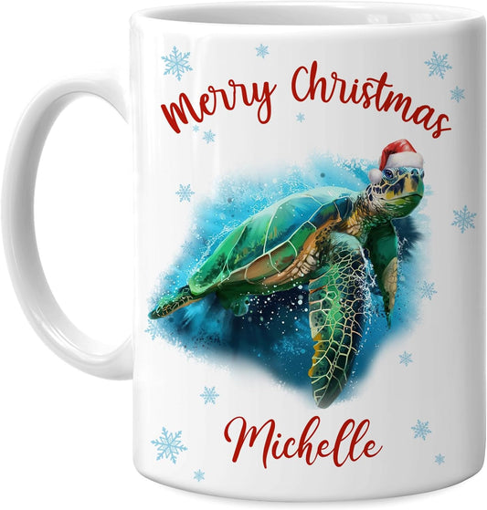 Hyturtle Personalized Gifts Sea Turtle Lover - Merry Christmas Customized Name Ceramic Coffee Mug Cup 11oz - Cute Sea Animal Lovers Gifts For Women, Girl kids Family On Birthday, Christmas