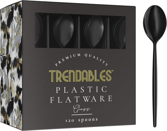 Trendables Disposable Black Plastic Cutlery Set - 120 Pack Silverware With Black Plastic Spoons and Utensils