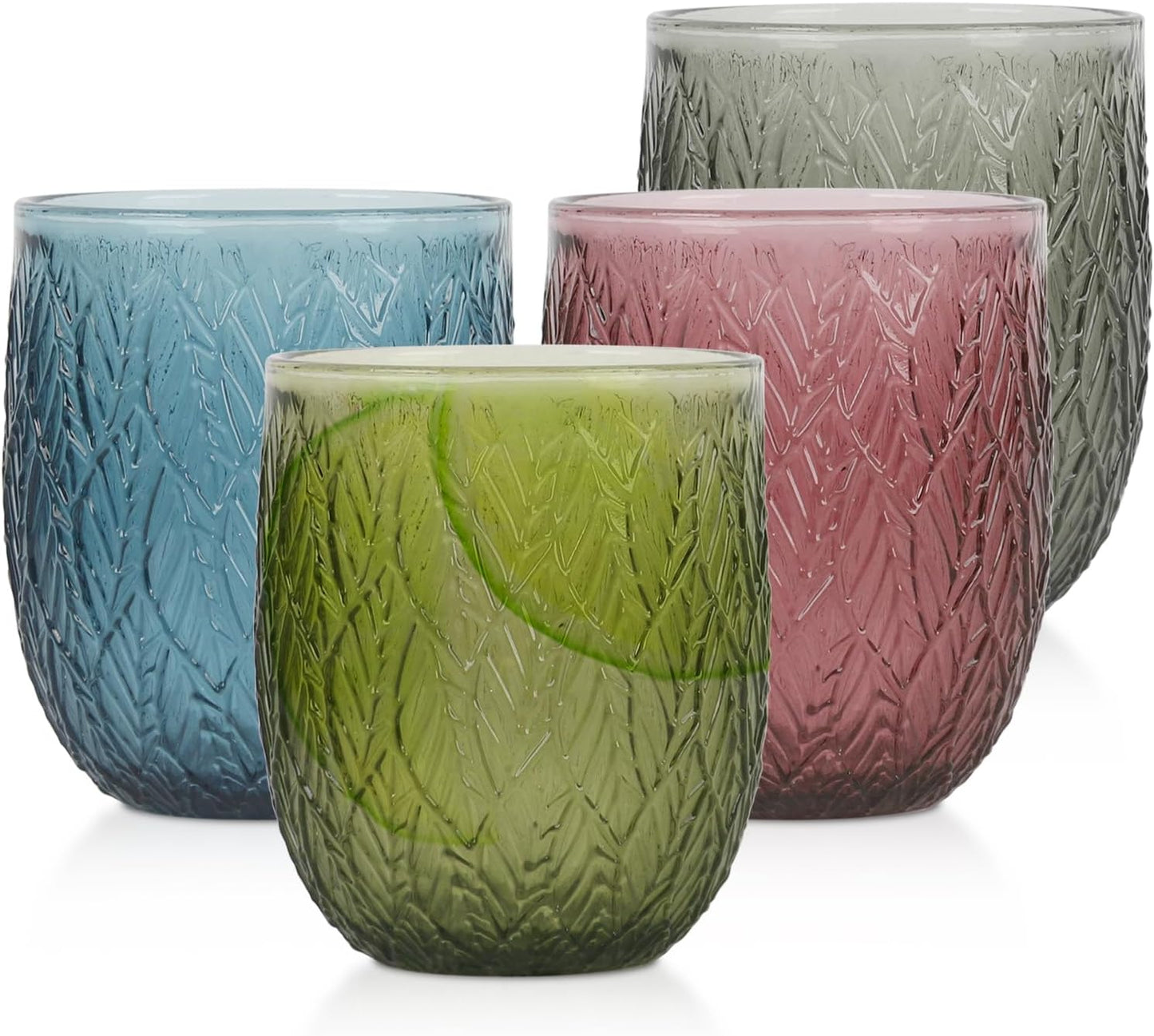 Colored Glasses Drinking Set of 4, 12oz Vintage Drinking Glasses, Drinking Glasses for Cocktail, Beer, Wine, Whiskey, Water & Juice Drinkware (Willow Leaf 4PCS)