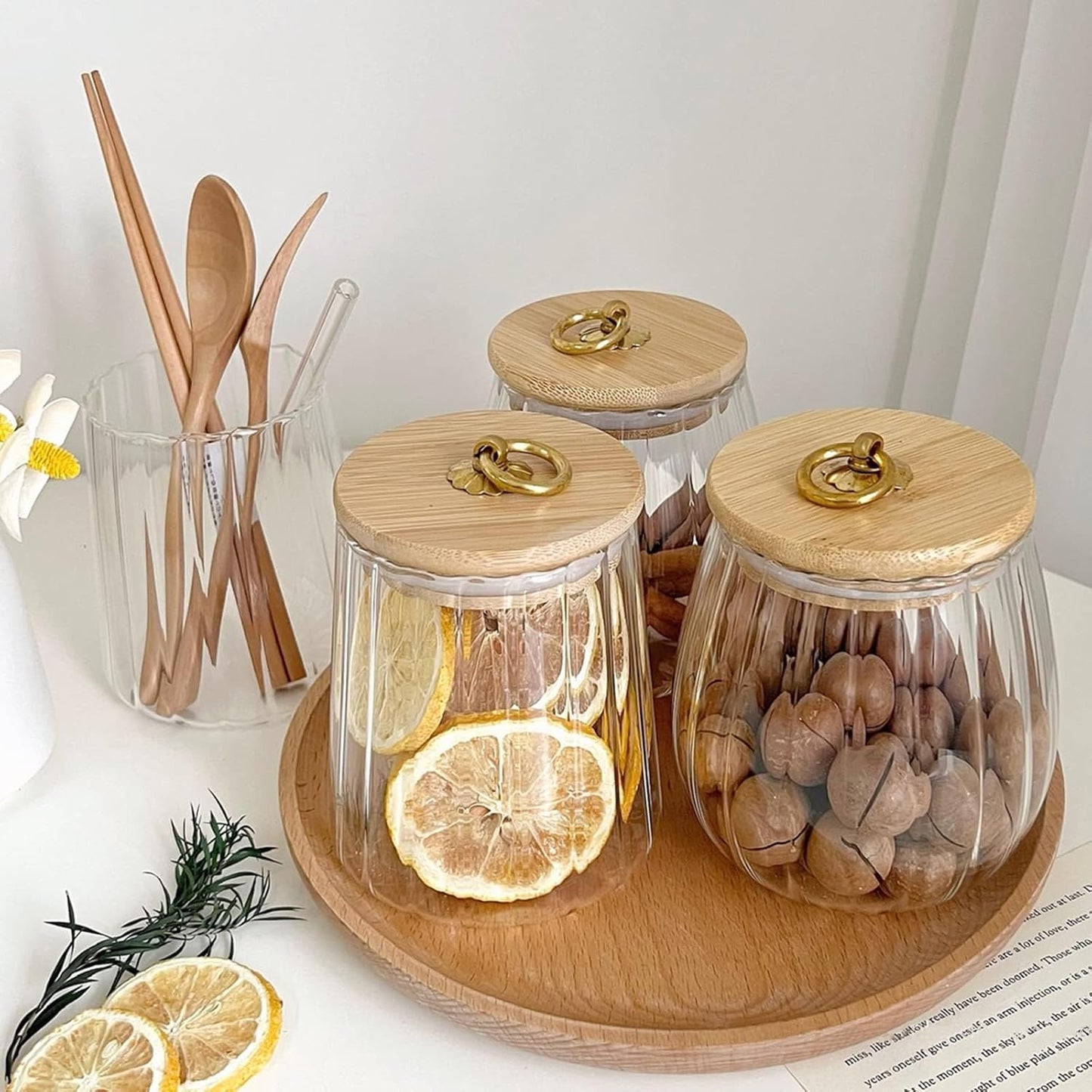 Glass Jars with Bamboo Lids, 23 FL OZ Glass Containers with Airtight Lids for Storage, Large Candy Jars for Coffee Nuts Cookie, Decorative Glass Canister, 780ml Oval