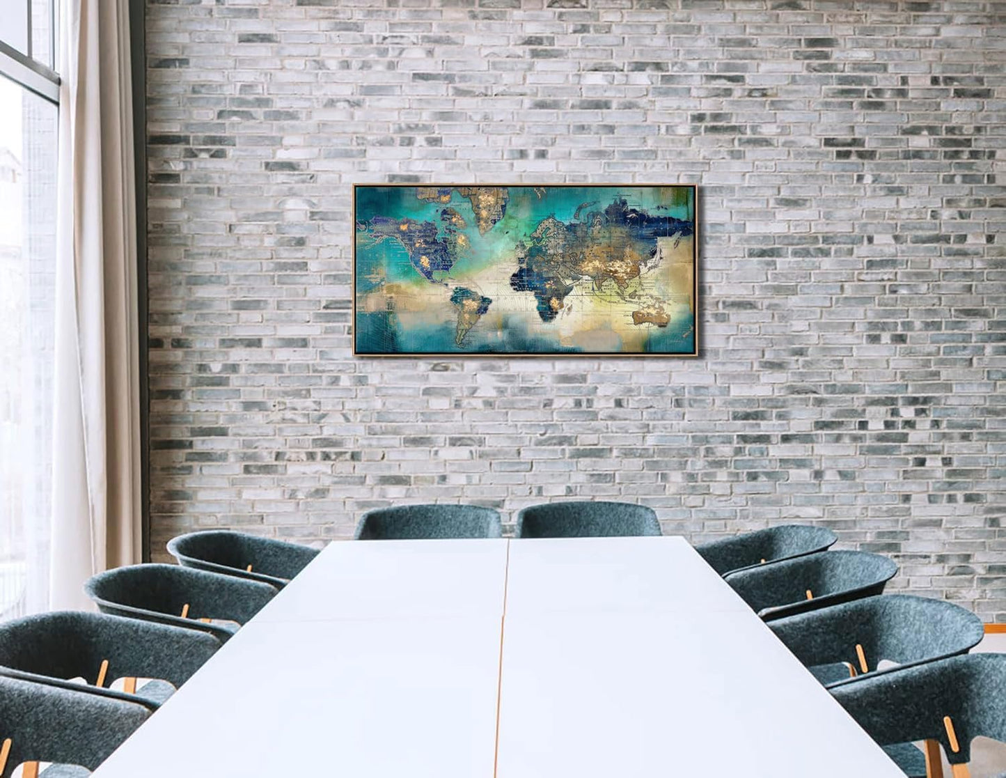 Large World Map Canvas Prints Framed Wall Art for Living Room Office 24x48 Green World Map Picture Artwork Decor for Home Decoration(With Soild Wood Dark Framed)