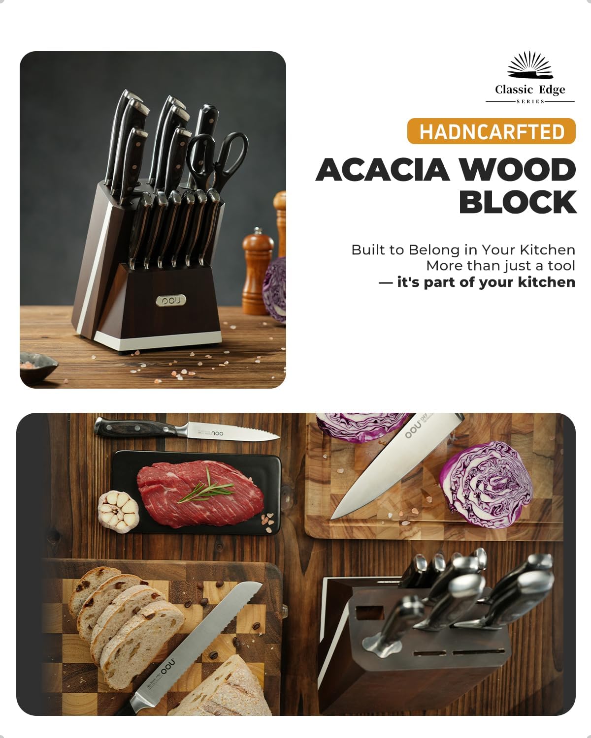 OOU 2025 Kitchen Knife Set with Block, 15-Piece German Stainless Steel Knife Blcok Set with Sharpening Rod, Ergonomic Wood Handle,Premium Razor-Sharp Knives Set for Kitchen