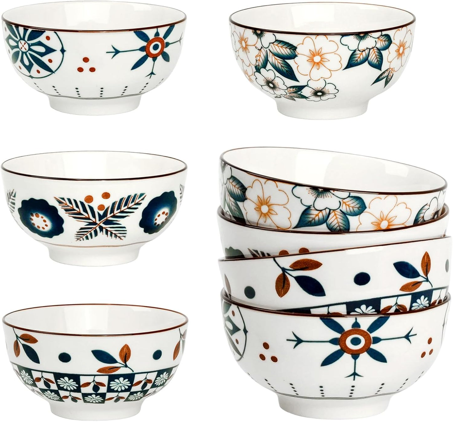 Flower Edge Ceramic Bowls, 4.5-Inch for Kitchen,Rice and Salad, Various Combinations of Japanese Style Blue and White Porcelain (Set of 4)