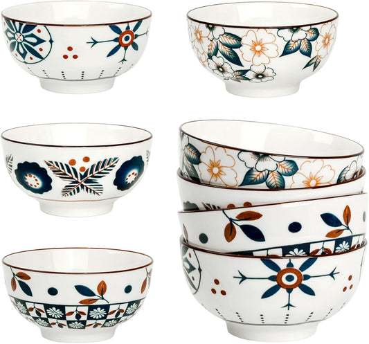Flower Edge Ceramic Bowls, 4.5-Inch for Kitchen,Rice and Salad, Various Combinations of Japanese Style Blue and White Porcelain (Set of 4)