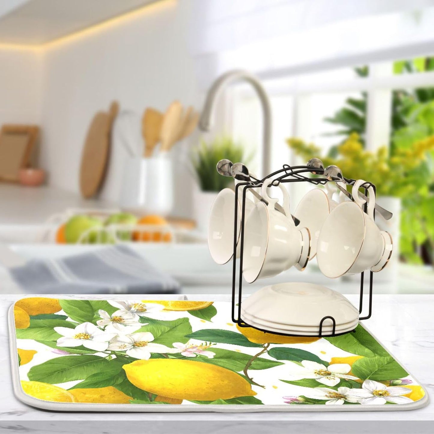 Yellow Lemon and White Flower Dish Drying Mat Super Absorbent Drying Mat 18x24 inch Large Dish Drying Mats for Kitchen Counter Dish Drying Pads Kitchen Drying Matt for Countertop