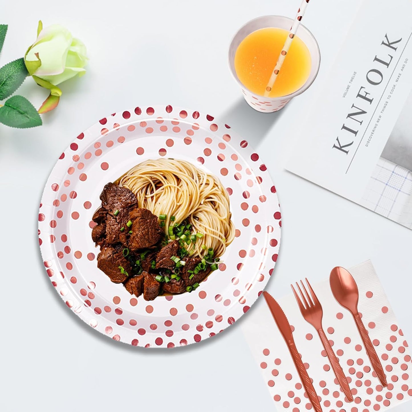 Paper Plates and Napkins Set, 193 Pieces Rose Gold Party Supplies Includes Paper Plates Cups Napkins Straws and Cutlery for Birthday Wedding Holidays Parties Decorations-24 Guests