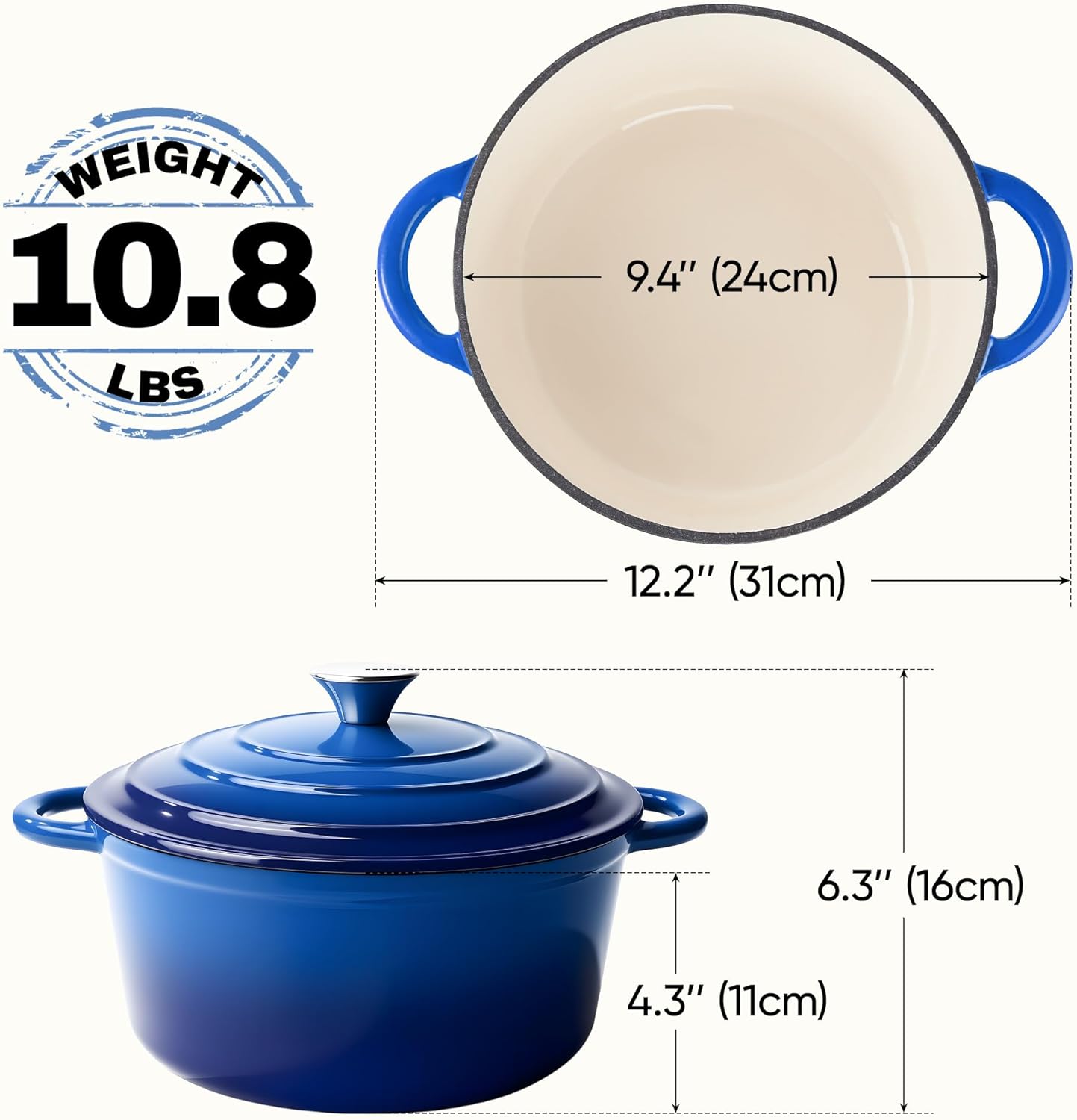 4.5 Quart Dutch Oven Pot with Lid, Non Stick Enameled Cast Iron Dutch Oven for Bread Baking, Heavy-Duty, Oven Safe Ceramic Cookware Up to 500°F for Baking, Braising, Stews, Roasting, Blue
