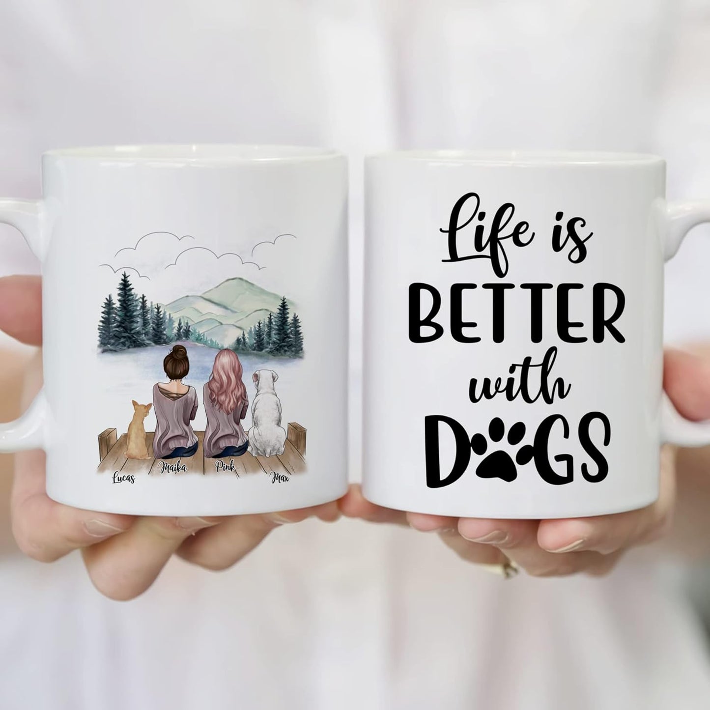 Gossby Personalized Dog Mug - Life is Better with Dogs (2 Girls - 2 Dogs) - 11oz, 15oz Custom Dog Mom Coffee Mugs - Dog Lover Gifts for Women Dog Mom Personalized with Female Characters, Dog Breeds