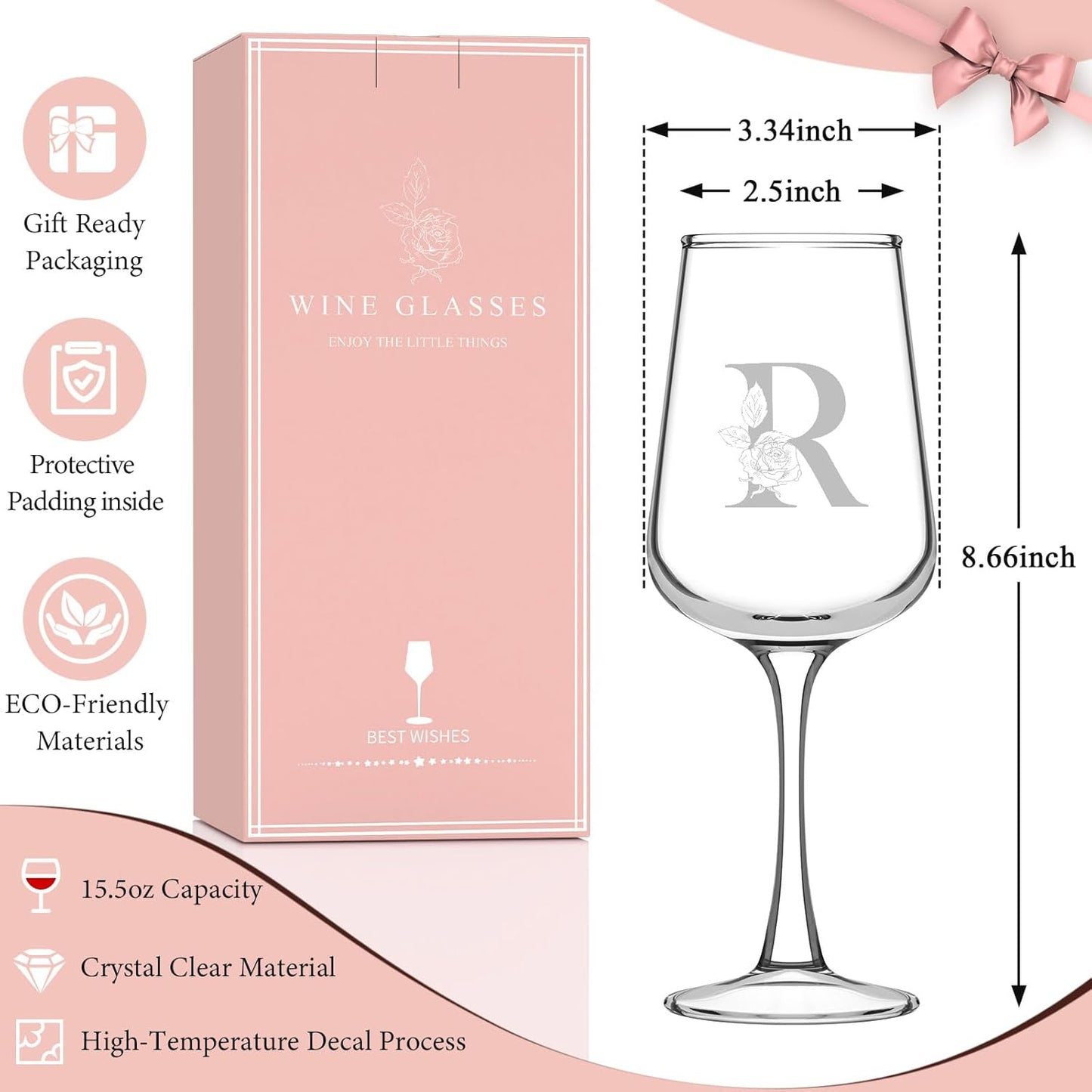 Personalized Wine Glass Gifts for Women - Monogrammed A-Z Wine Glasses Gift | Custom Christmas Gift, Valentines Day, Birthday Gifts for Women Her Mom Wife Best Friend Sister (R)