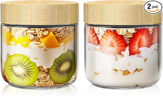 2 pack 10oz Overnight Oats Containers with Bamboo Lids, Glass Jars with Airtight Lids for Meal Prep, Wide Mouth Mason Salad Jars, Glass Food Storage Container for Yogurt Chia Snacks Spice Sugar