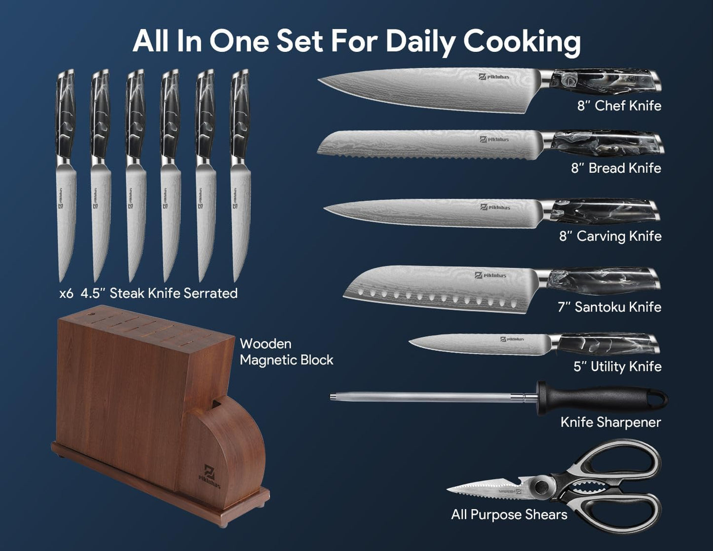 Knife Set for Kitchen 14 Pieces with Magnetic Block, German Razor Sharp High Carbon Stainless Steel Damascus Pattern, Full Tang Ergonomic Handle, Black Flowing Cloud Design