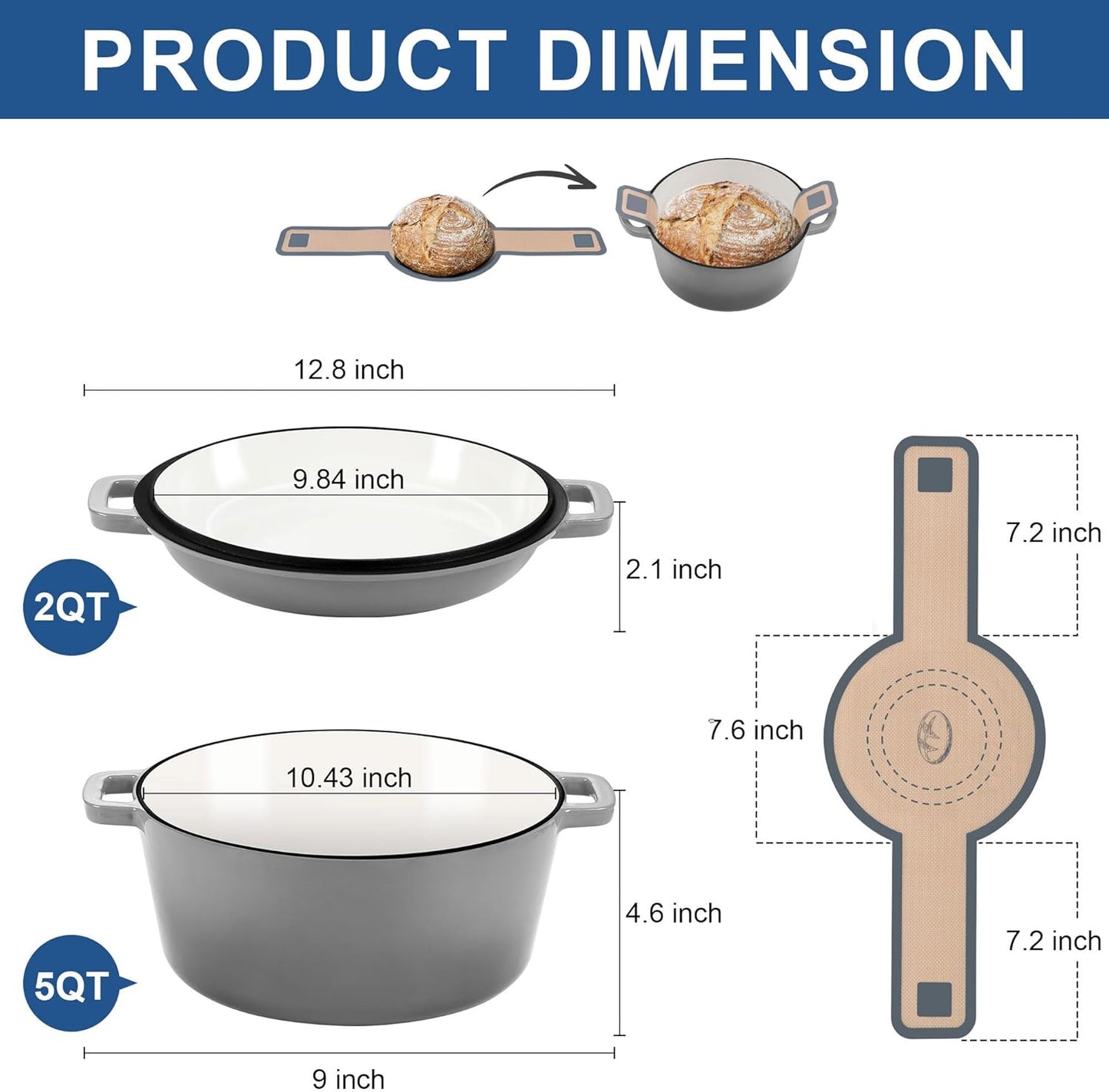 E-far 5 Quart Enameled Cast Iron Dutch Oven, 2 in 1 Dutch Oven Pot with Skillet Lid and Silicone Bread Sling, Ideal for Bread Baking, Cooking, Stewing, Frying, Induction & Oven Safe - Grey