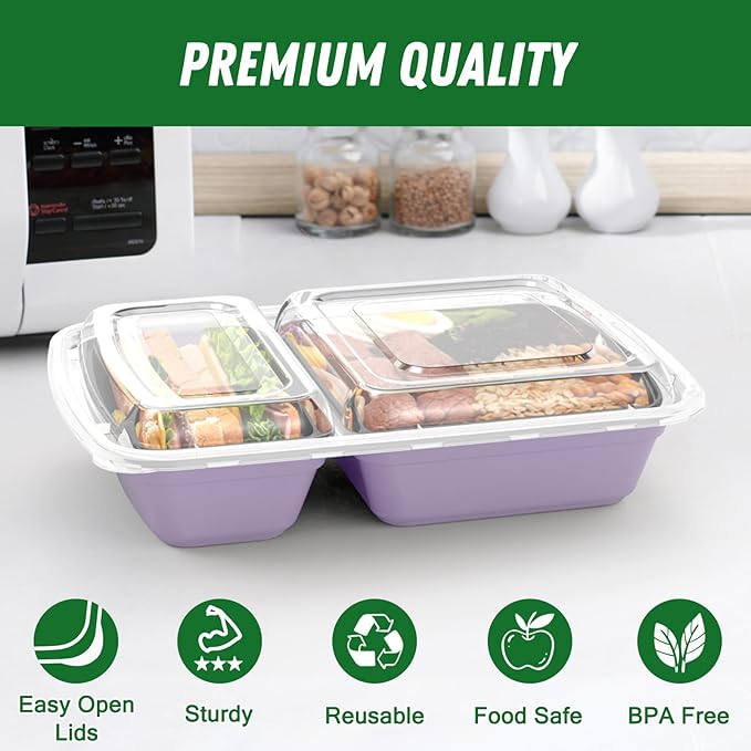 50 Pack (100-Piece) 28 oz Meal Prep Containers Reusable with Lids 2-Compartment, Sturdy Leakproof Food Safe, Microwave Freezer Dishwasher Safe, To Go Take Out Plastic Food Storage, Lilac
