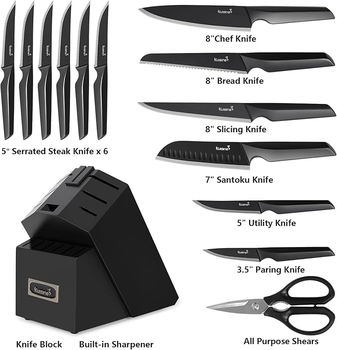 Kuisine Premium Knife Set,One-piece Steel Molding,High Carbon Stainless Steel Ultra Sharp,Non-slip Ergonomic Solid Steel Handle,Built-in Sharpener Knife Block Set,Luxury Gift(15PCS,Black)