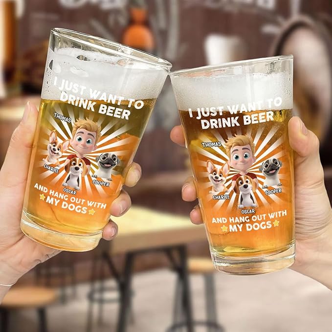 Wrappiness Dog Dad Personalized Beer Glass - I Just Want To Drink Beer and Hang out With My Dog, Cute Cup for Men Pet Lovers, Custom Chibi Art and Breeds, Fathers Day Birthday Gifts for Him