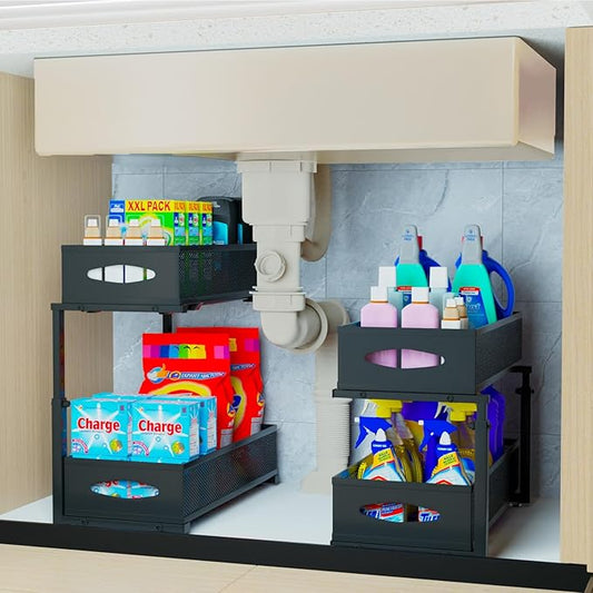 2 Pack Under Sink Organizer,2 Tier Pull Out Sink Shelf,Cabinet Organizer Shelves,Under Sink Shelf,Metal Sliding Drawer Storage for Kitchen Bathroom,Height Adjustable,Black