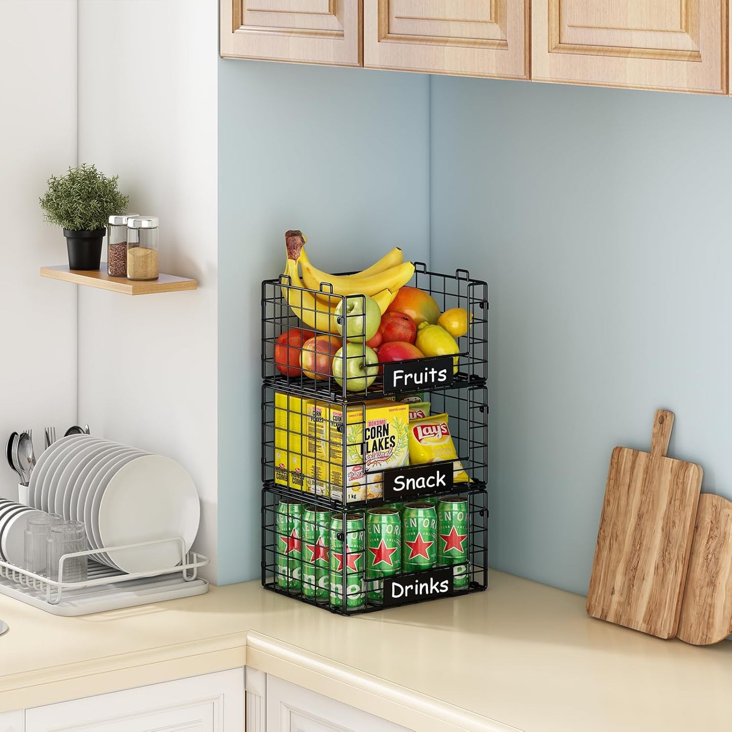 JKsmart 3 Pack Stackable Wire Baskets with NamePlates for Pantry Organizers and Storage, XL Fruit and Vegetable Basket, Metal Storage Bins for Snack Can Fruit Veggies, XL
