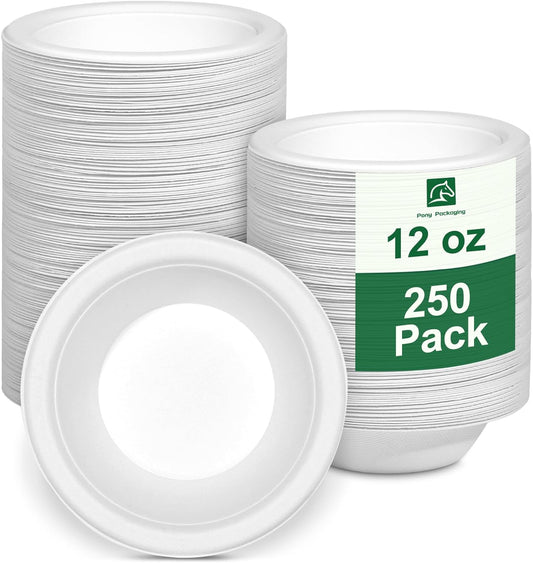 Paper Bowls 12oz, Disposable Bowls Heavy Duty, 250-Pack 100% Compostable Disposable Soup Bowl, Biodegradable Bagasse Hot Food Plates and Bowls -White