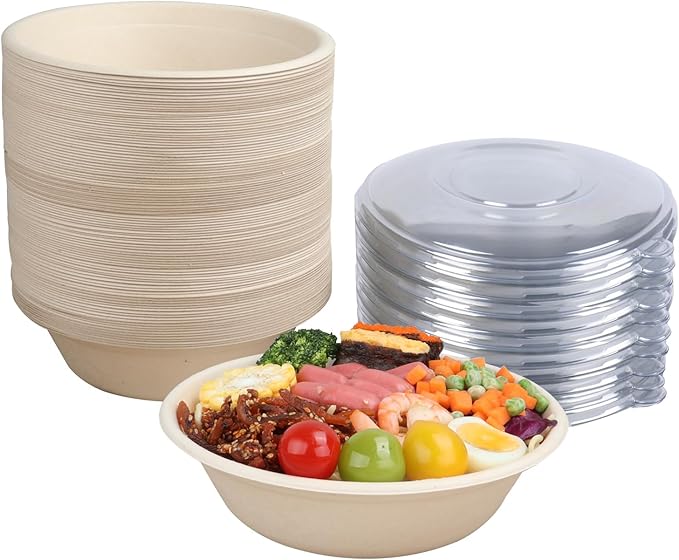 32 oz Disposable salad bowls with lids, Sugarcane Fiber Paper Bowls take away food containers Plant Fibers Freezer Safe 50 Pack