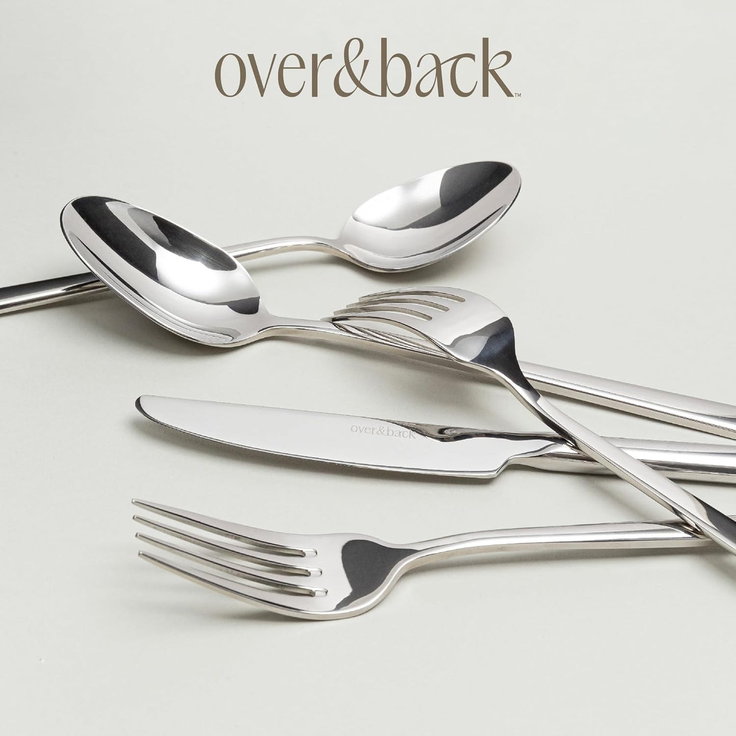 over&back 20pc Modern Flatware Cutlery Set - Comes with 4 Dinner Forks, 4 Salad Forks, 4 Dinner Knives, 4 Dinner Spoons, and 4 Teaspoons - 18/8 Stainless Steel - Dishwasher-Safe - Mirror Stainless