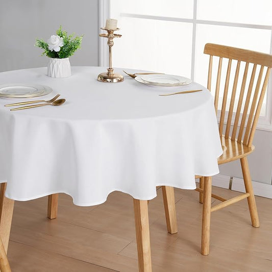 JIUZHEN Round Table Cloth Faux Linen Farmhouse Tablecloth Wrinkle & Stain Resistant Table Cover for Kitchen Dining, Holiday Party Dinner, White, 80 Inch Round